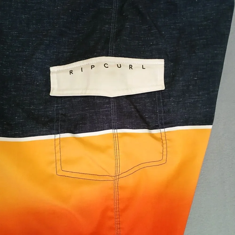 Rip Curl Board Shorts Mens Size 36 Orange Striped Drawstring Swim Trunks Pockets